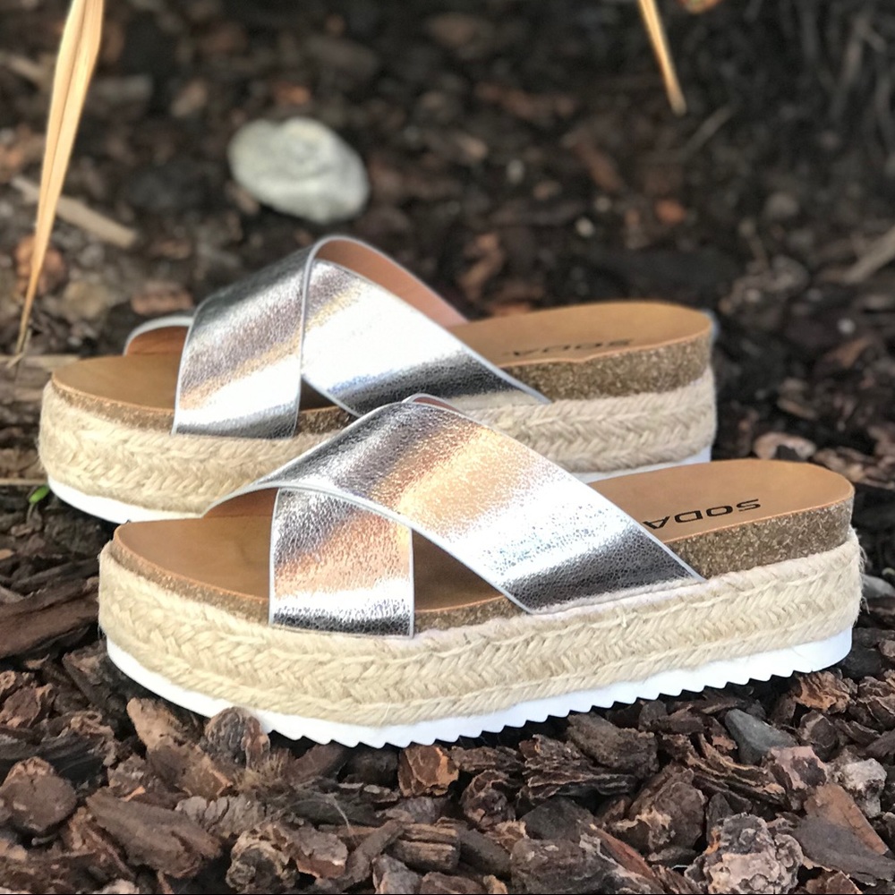 Silver cross strap espadrille platform sandals